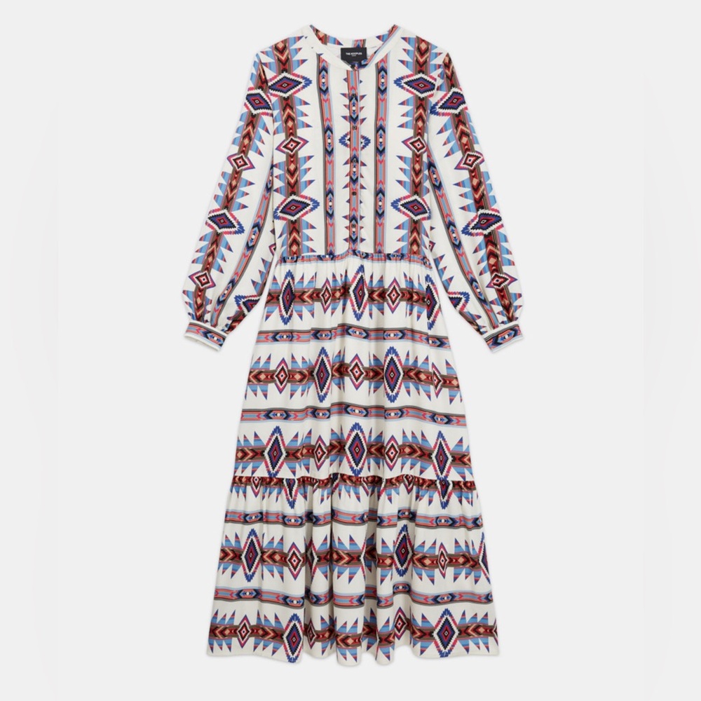 The Kooples White Midi Dress with Red, Blue & Brown Aztec Print